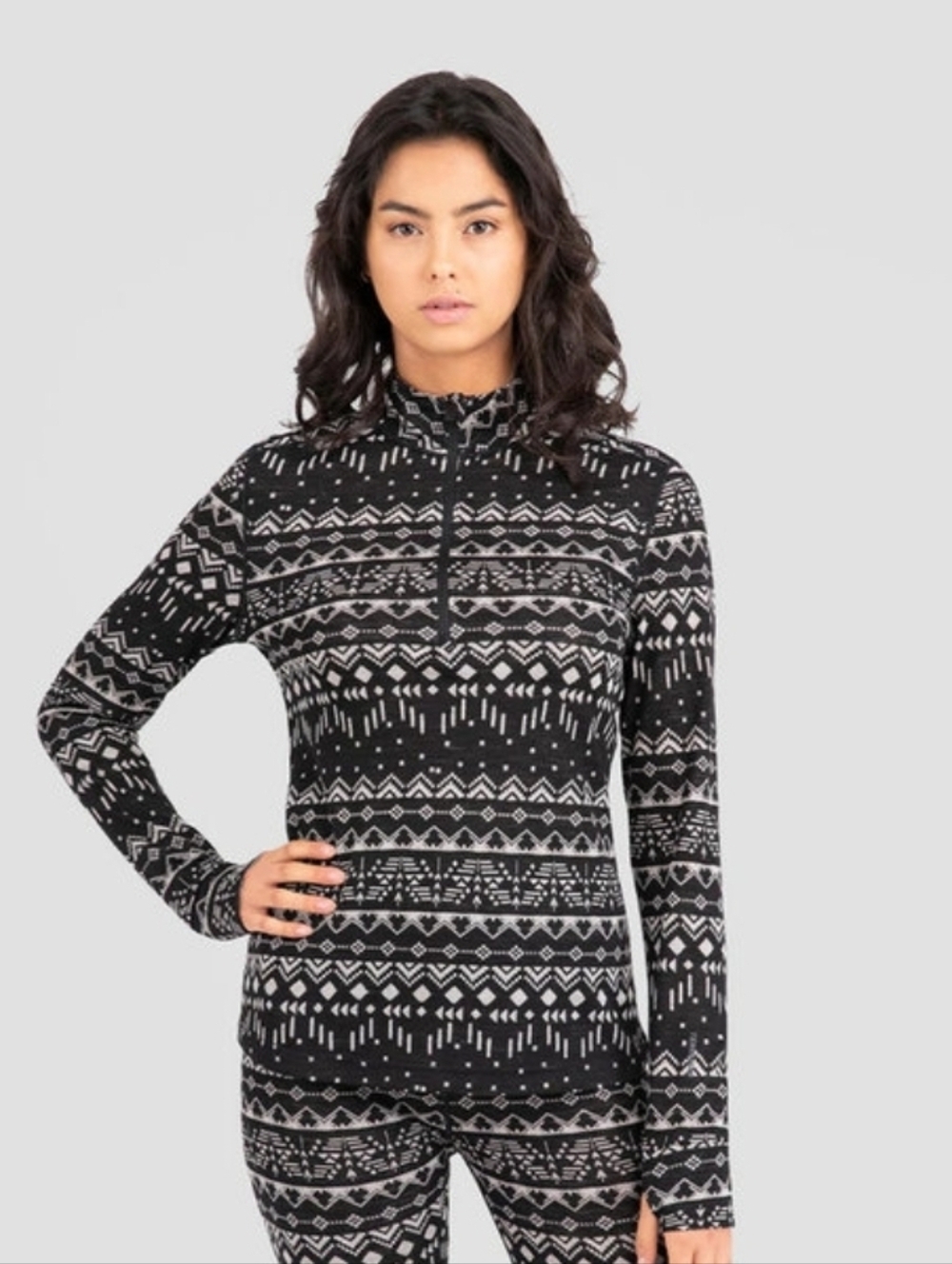 Terramar Woolskins Quarter-zip Pullover Aztec Print Black White Women's Large